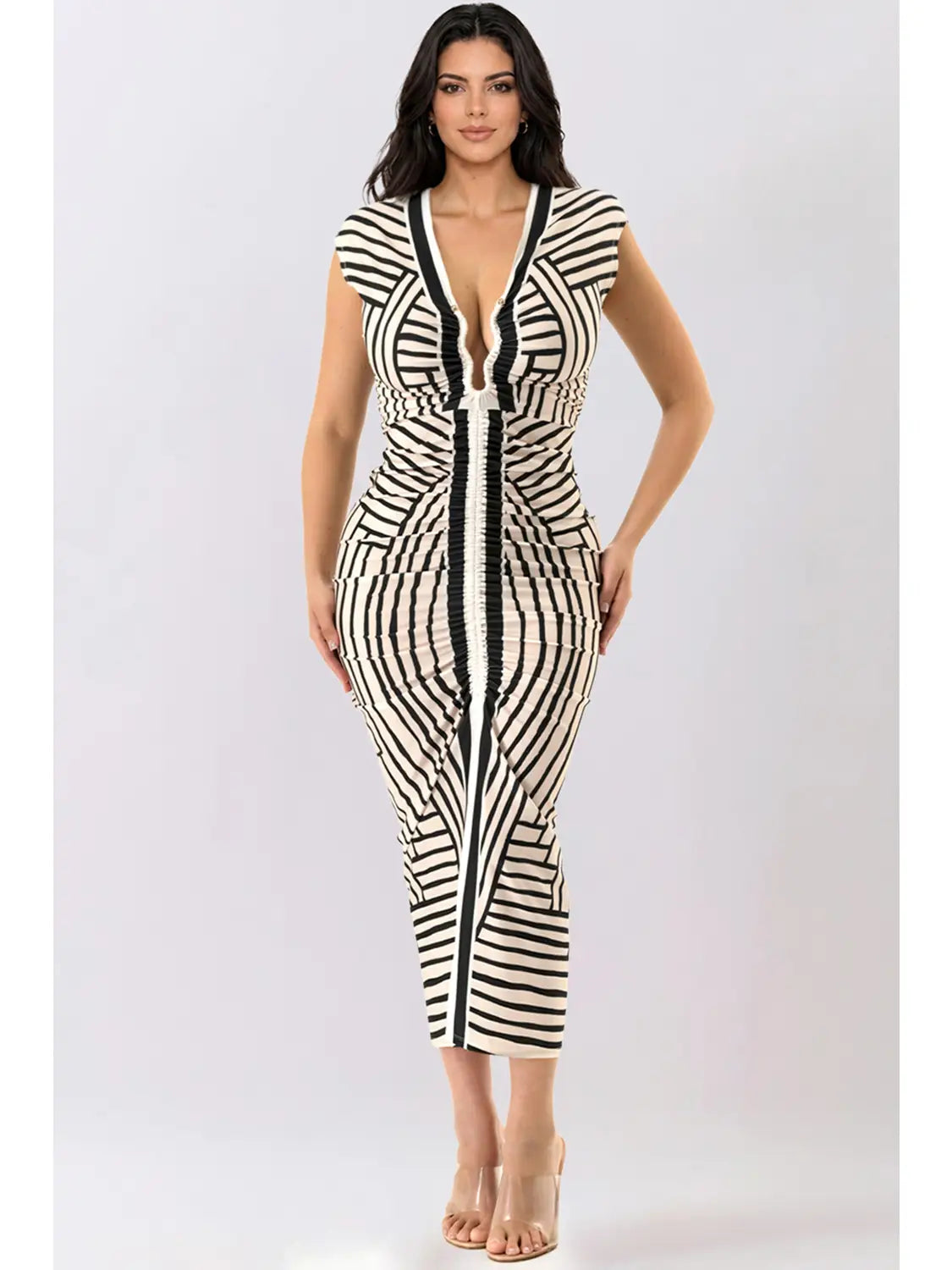 Black & Cream Deep V-Neck Geometric Ruched Bodycon  Midi Dress