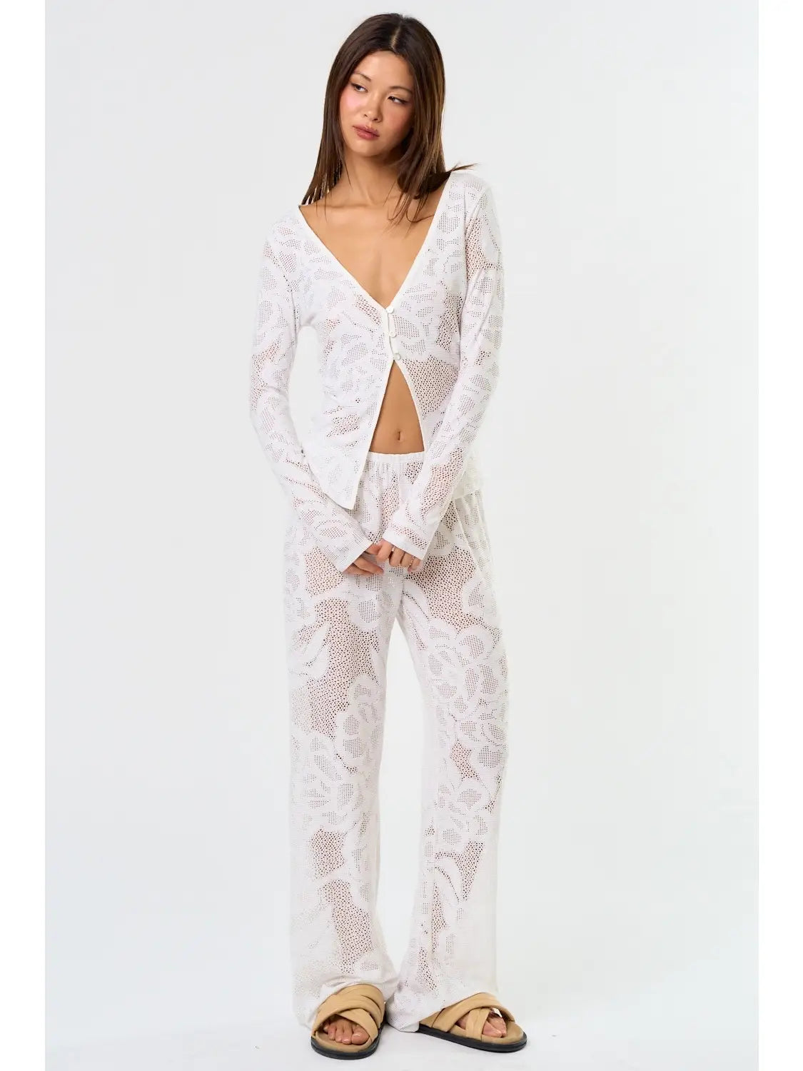 Sheer Lace Button-Up Long Sleeve Top with Floral Pattern