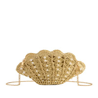 Pearl Embellished Woven Shell Clutch Bag with Chain Strap