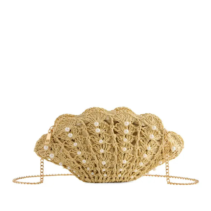 Pearl Embellished Woven Shell Clutch Bag with Chain Strap