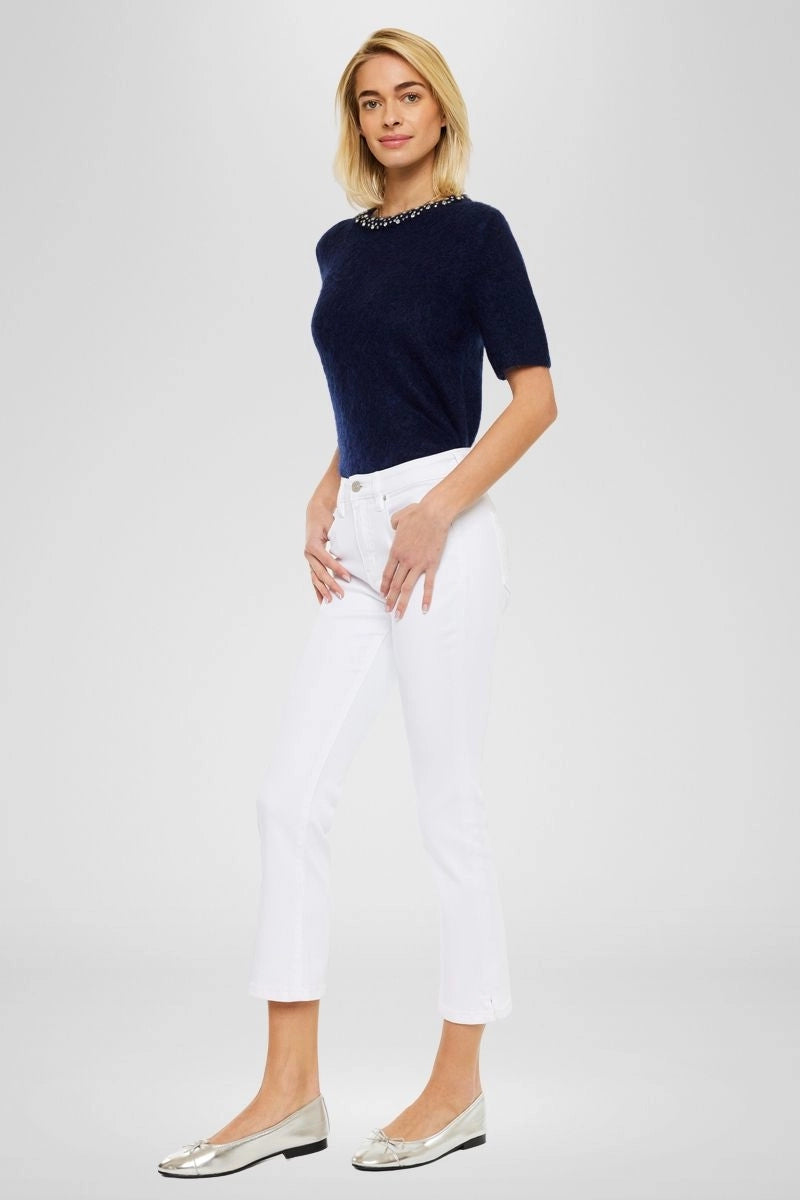 High Rise Cropped Kick Flare White Jeans with Side Slit Hem