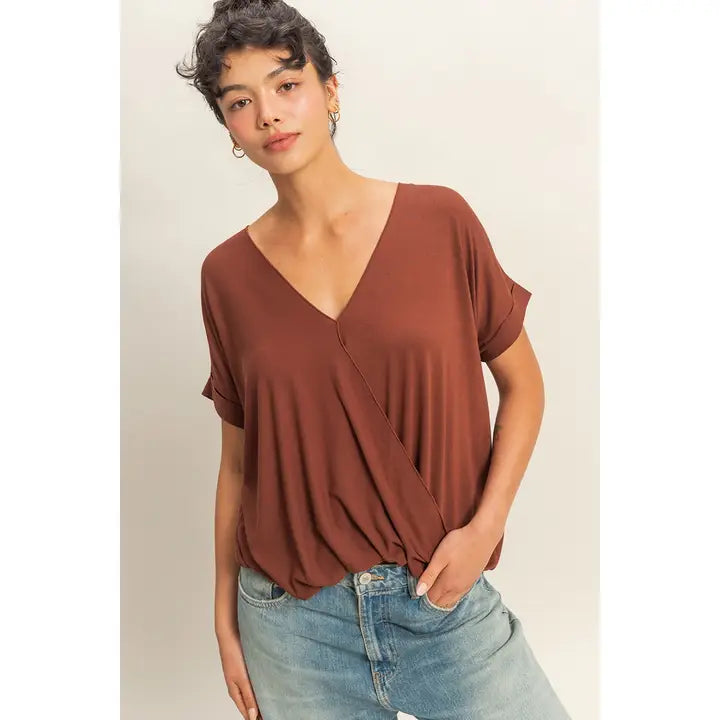 Brown Front Short Sleeve Blouse with Relaxed Fit