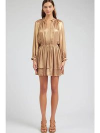 Gold Satin Tiered Mini Dress with Ruffle Neckline