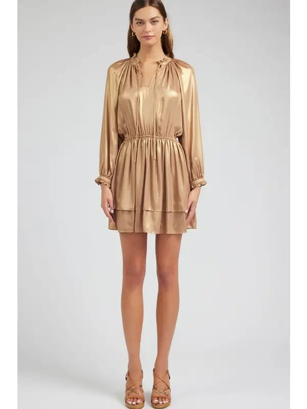 Gold Satin Tiered Mini Dress with Ruffle Neckline