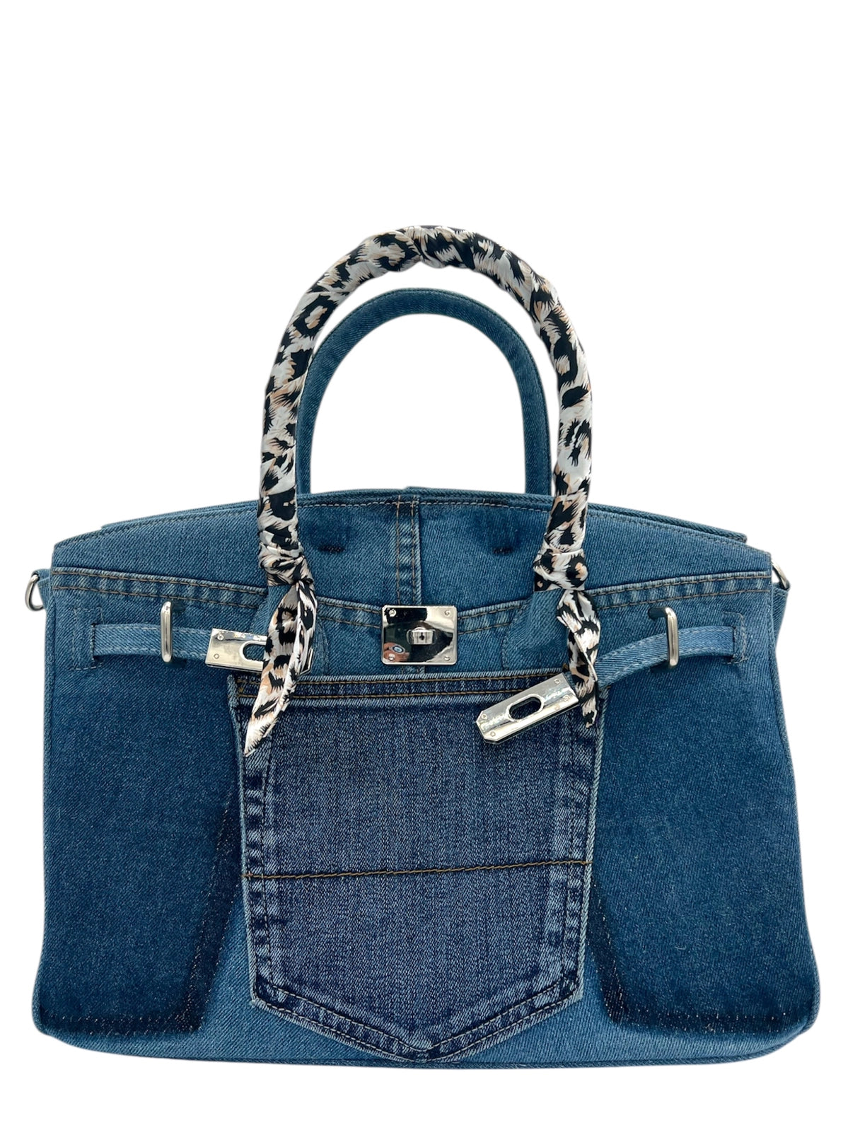 Structured Denim Tote Bag with Front Pocket Detail and Printed Scarf Handles
