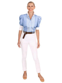 Puff Sleeve Scallop Trim Blouse in Powder Blue