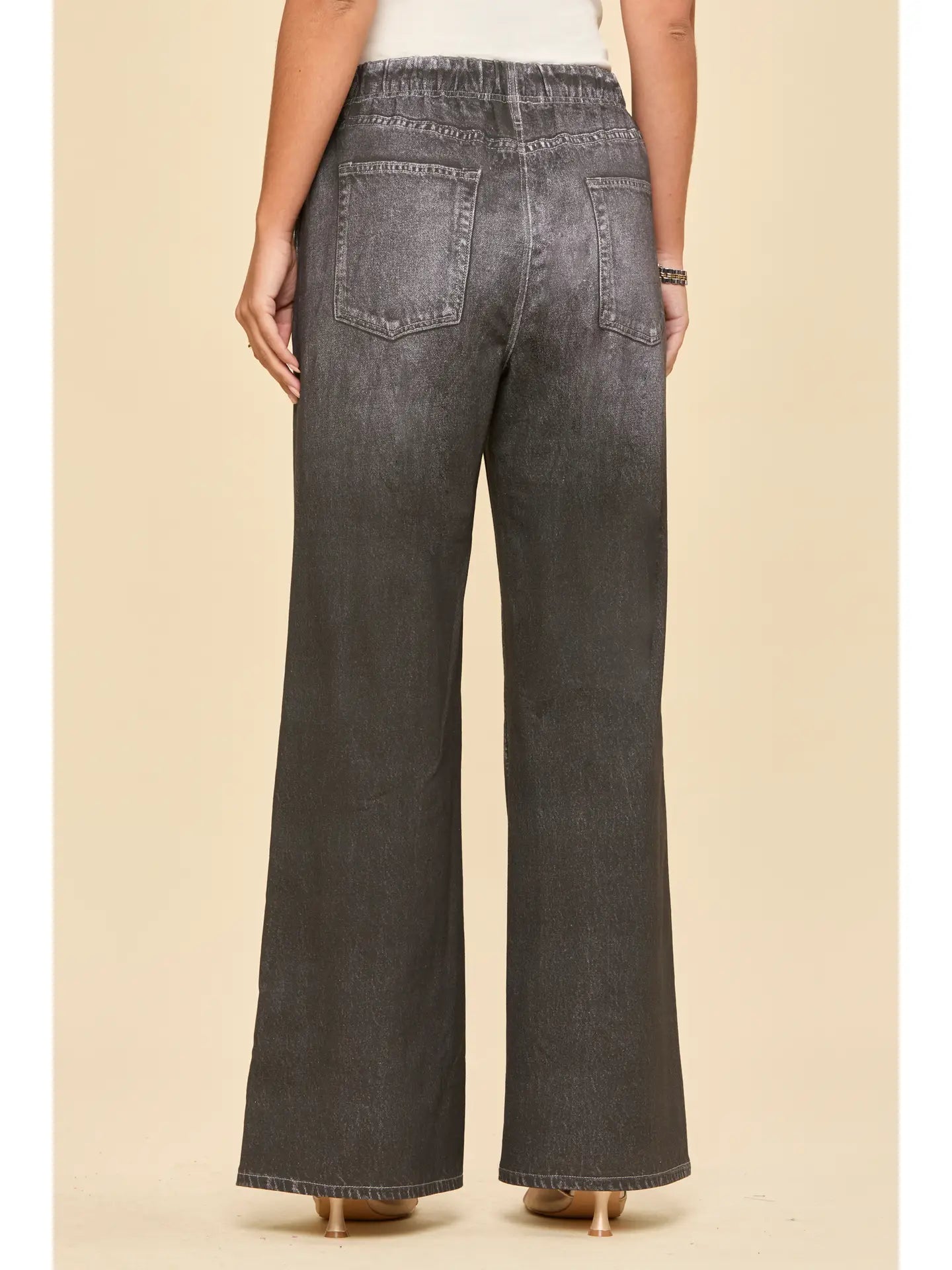 High Rise Elastic Waist Wide Leg Jeans in Charcoal Wash