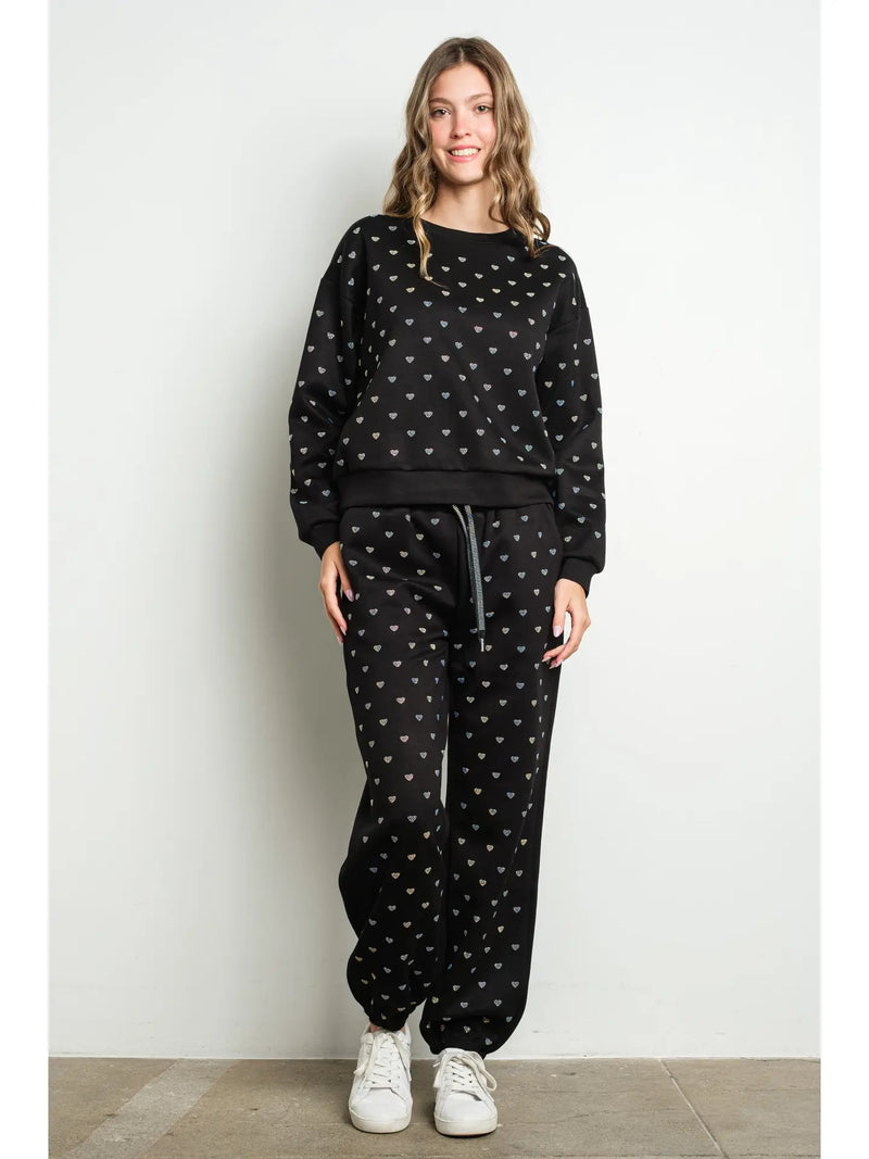 Crystal Heart Embellished Black Sweatshirt