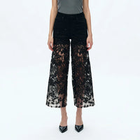 Black Wide Leg Jeans with Sheer Floral Lace Panels