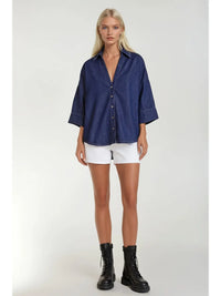 Oversized Button Down Denim Shirt with Wide Sleeve