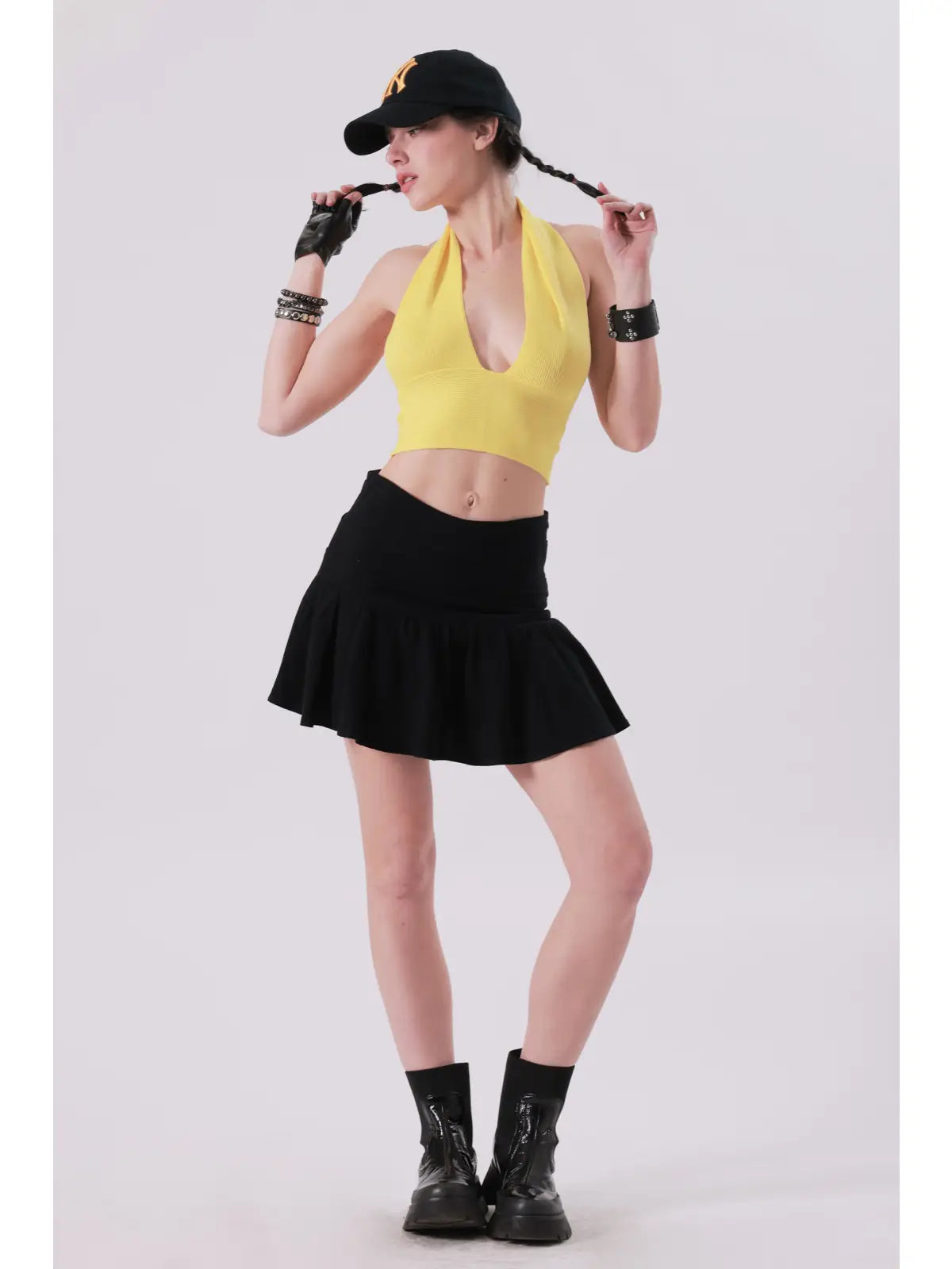 Yellow Ribbed Halter Neck Crop Top with Deep V Neckline