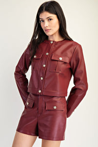 Red Vegan Leather Gold Button Jacket