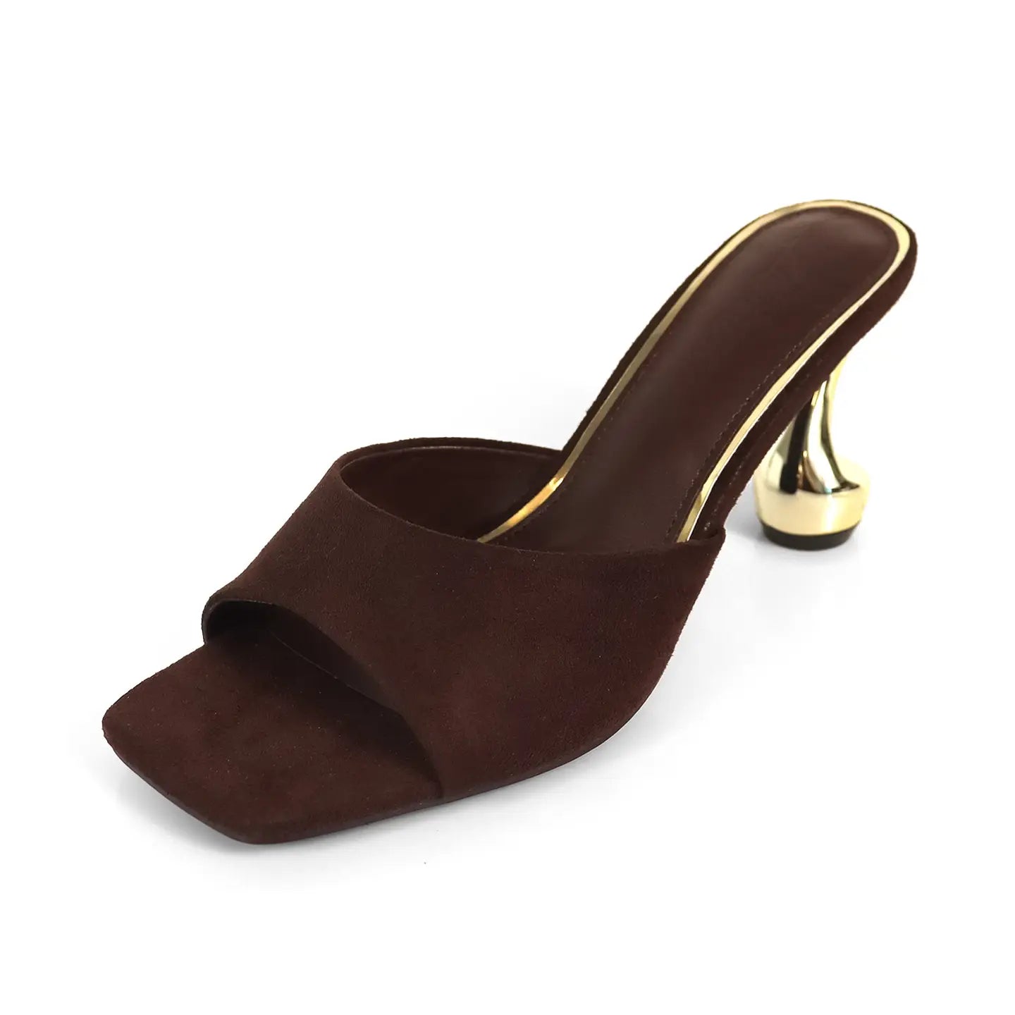 Chocolate Brown Sculpted Mule Heels with Gold Statement Heel