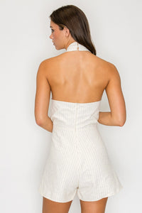 White Pinstripe Halter Romper with Wrap Waist Detail