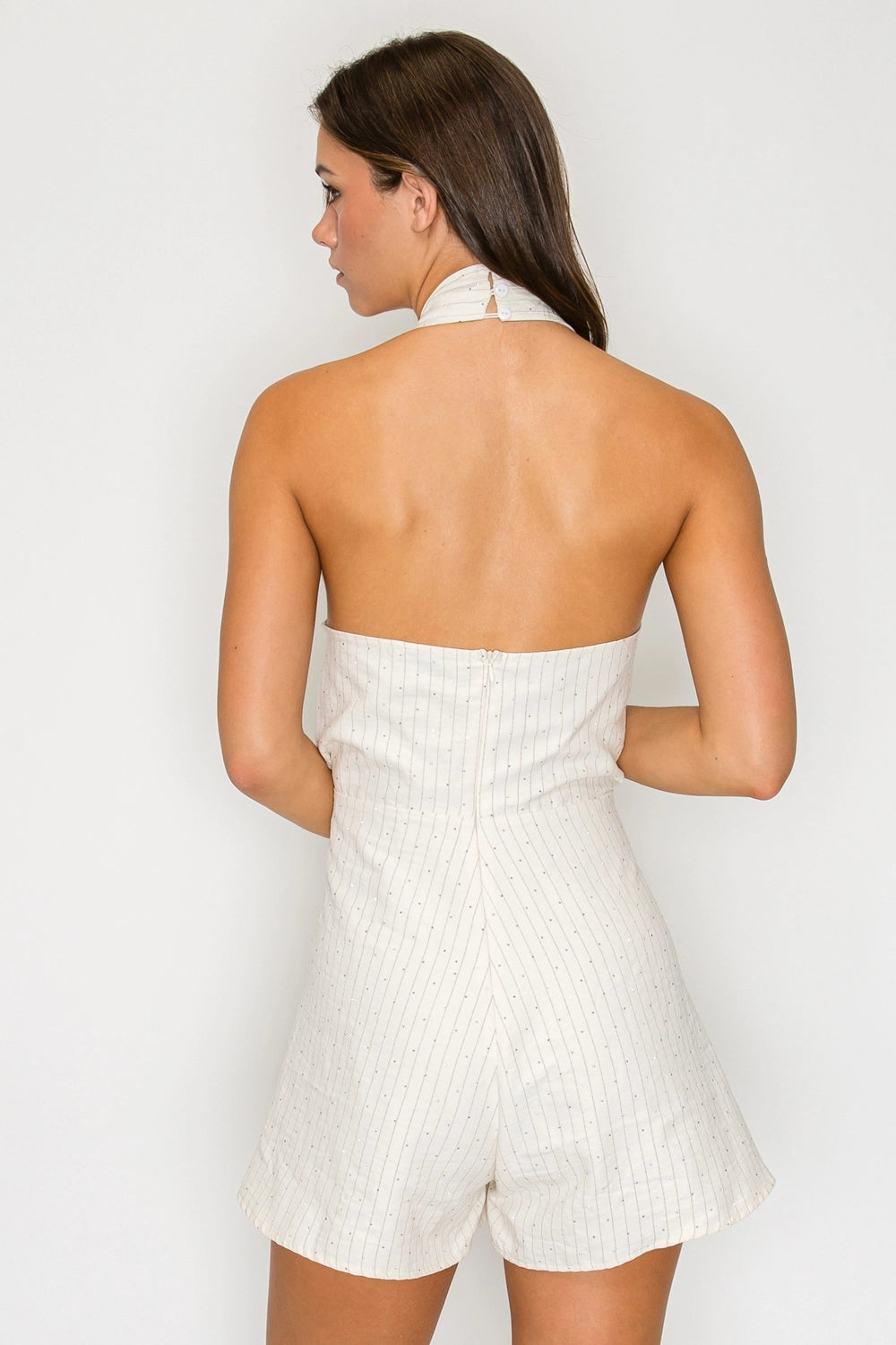 White Pinstripe Halter Romper with Wrap Waist Detail