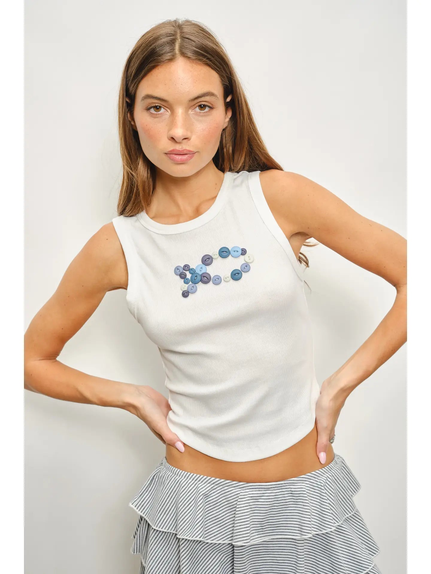 White Ribbed Sleeveless Tank with Blue Button Embellishment
