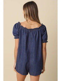 Off-Shoulder Denim Romper with Puff Sleeves and Smocked Neckline