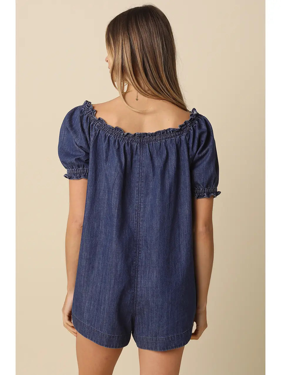 Off-Shoulder Denim Romper with Puff Sleeves and Smocked Neckline