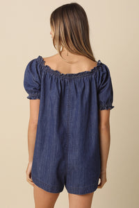 Off-Shoulder Denim Romper with Puff Sleeves and Smocked Neckline