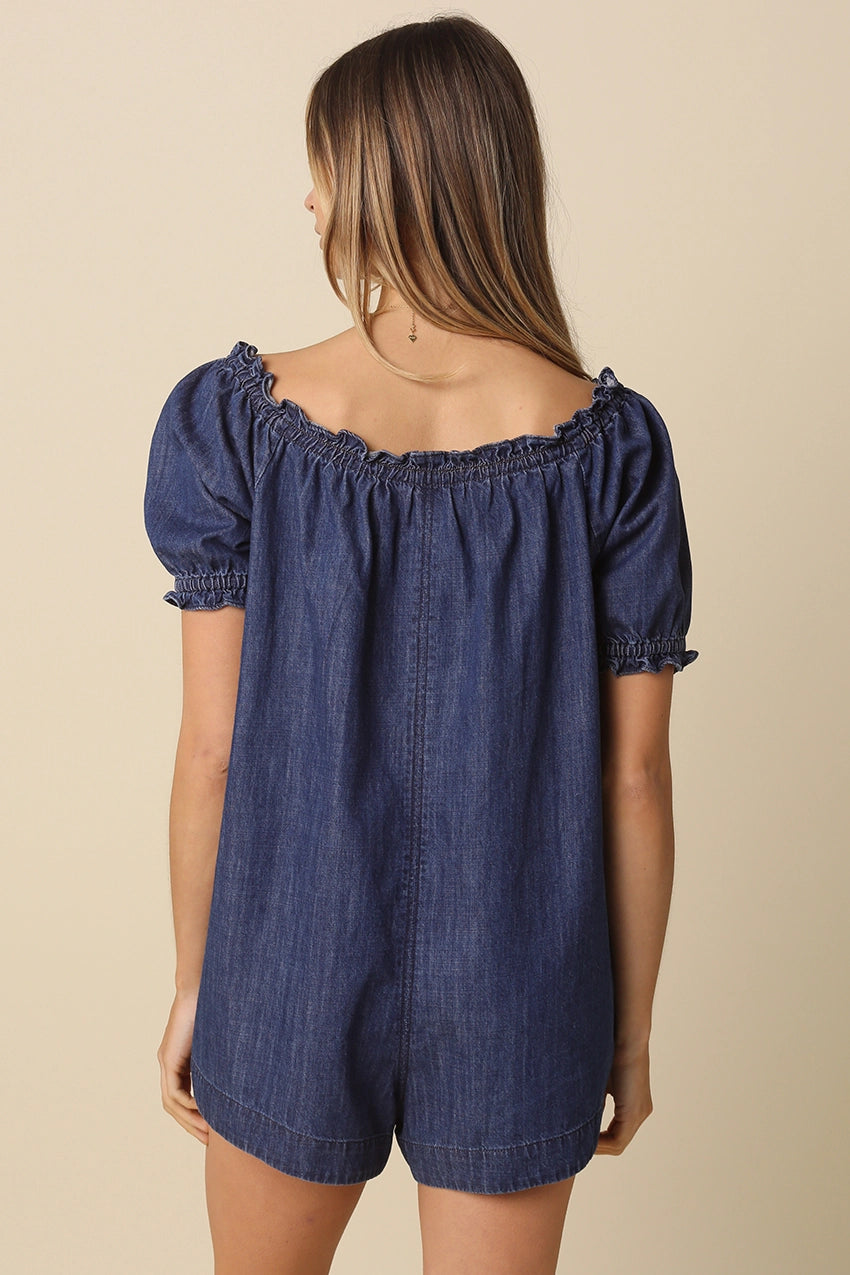 Off-Shoulder Denim Romper with Puff Sleeves and Smocked Neckline