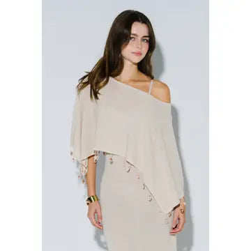 Nude Sheer Knit Poncho Top with Shell Tassel Trim