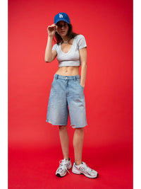 Gray Ribbed V-Neck Crop Top with Ribbon Tie Shoulder Detail