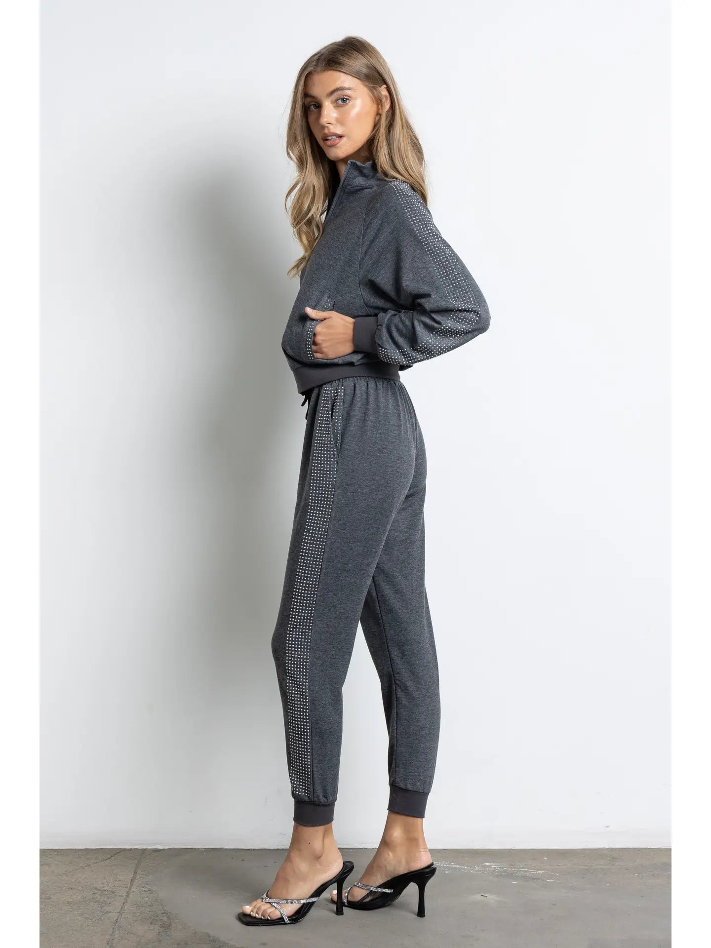 Charcoal Rhinestone Stripe Zip-Up Jacket & Jogger Set