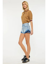 High Rise Colorblock Chevron Denim Shorts with Raw Hem
