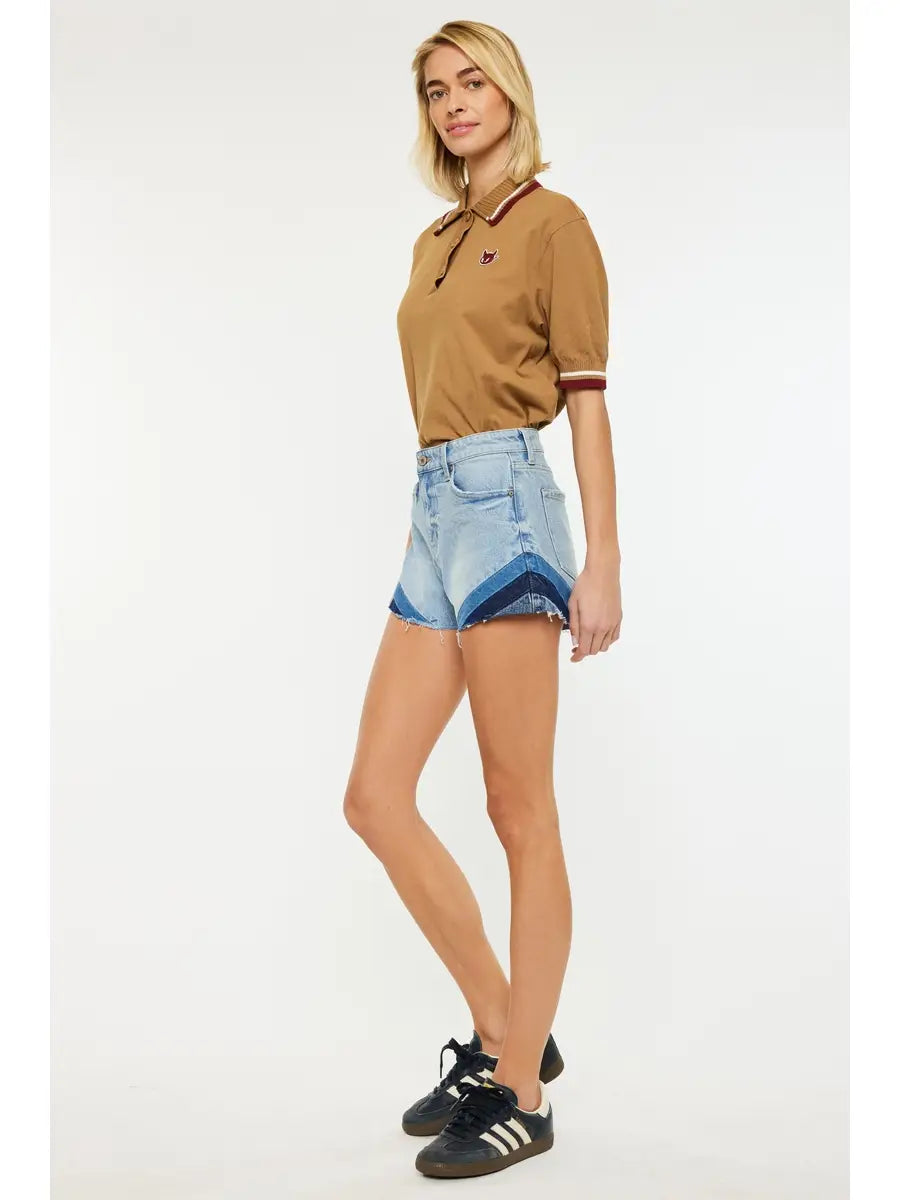 High Rise Colorblock Chevron Denim Shorts with Raw Hem