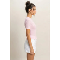 Pink Sheer Ribbed Short Sleeve Fitted Top