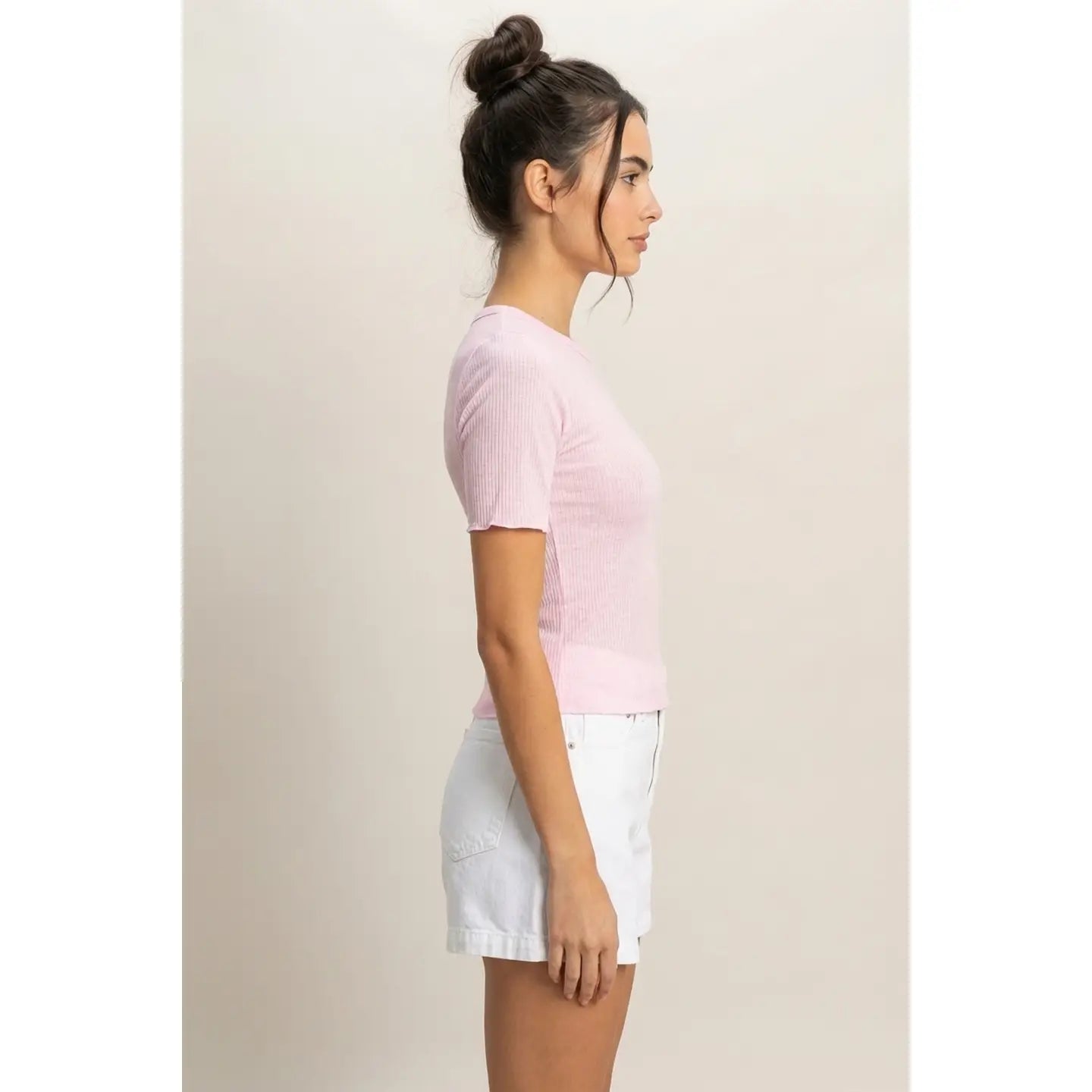 Pink Sheer Ribbed Short Sleeve Fitted Top