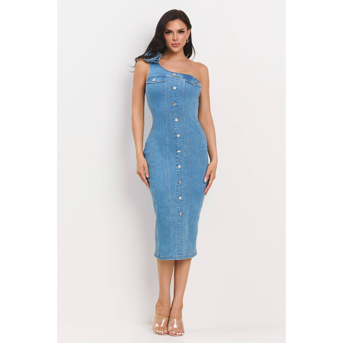 Denim Corsage One Shoulder Midi Dress