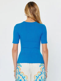 Blue Ribbed V-Neck Short Sleeve Knit Top