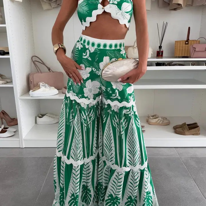 Green Tropical Print Scalloped Crop Top and Tiered Maxi Skirt Set