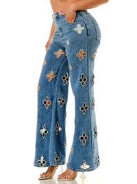 Blue Wide Leg Jeans with Pearl-Embellished Cutout Floral Detailing