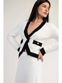 Chic White and Black Trim Cropped Knit Cardigan Top