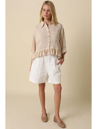 Lightweight Ruffle Hem Button-Up Blouse with Puff Sleeves in Nude