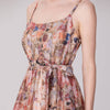 Floral Organza Midi Dress with Spaghetti Straps and Waist Tie