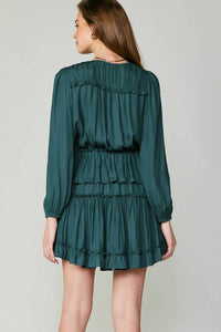 Emerald Green Pleated Tiered Mini Dress with Long Sleeves