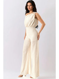 Ivory One-Shoulder Eyelet Lace Wide Leg Jumpsuit