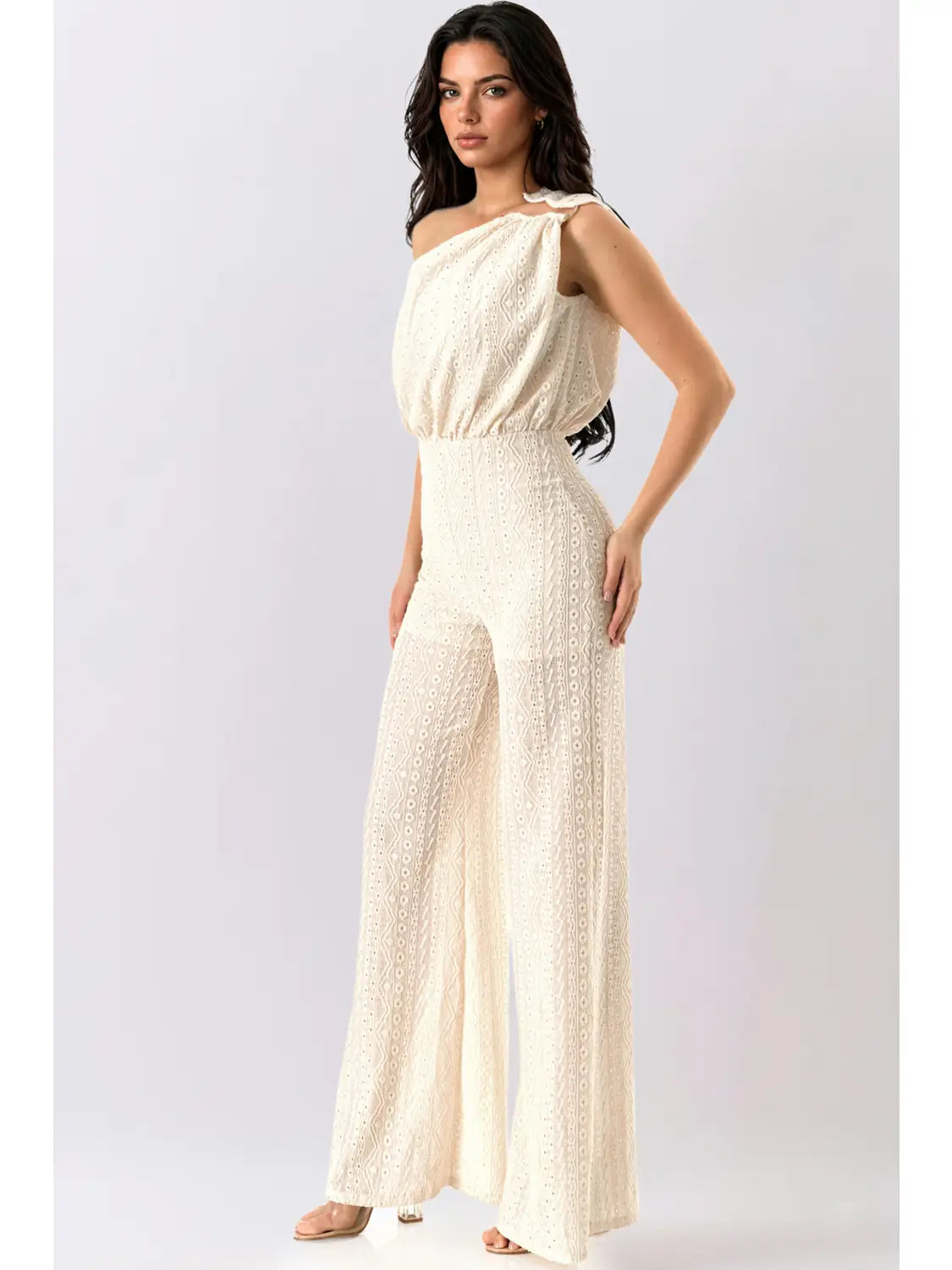 Ivory One-Shoulder Eyelet Lace Wide Leg Jumpsuit