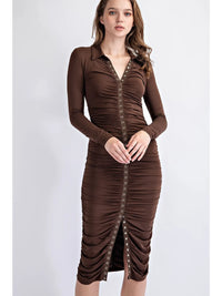 Chocolate Ruched Button Front Midi Bodycon Dress