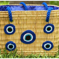 Multi Evil Eye Straw Tote Bag with Rope Handles and Drawstring Lining