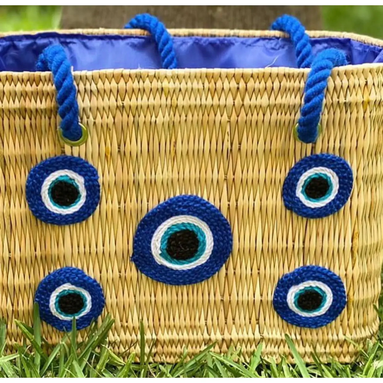 Multi Evil Eye Straw Tote Bag with Rope Handles and Drawstring Lining