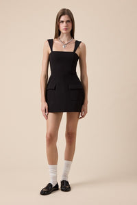 Black Structured Square Neck Mini Dress with Wide Straps
