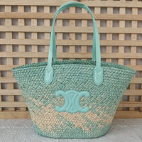 Straw Woven Tote Bag with Tan Leather Handles and Logo Detail