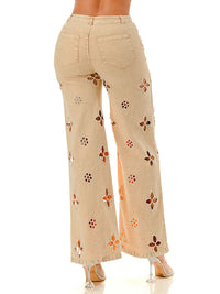 Beige Wide Leg Jeans with Pearl-Embellished Cutout Floral Detailing