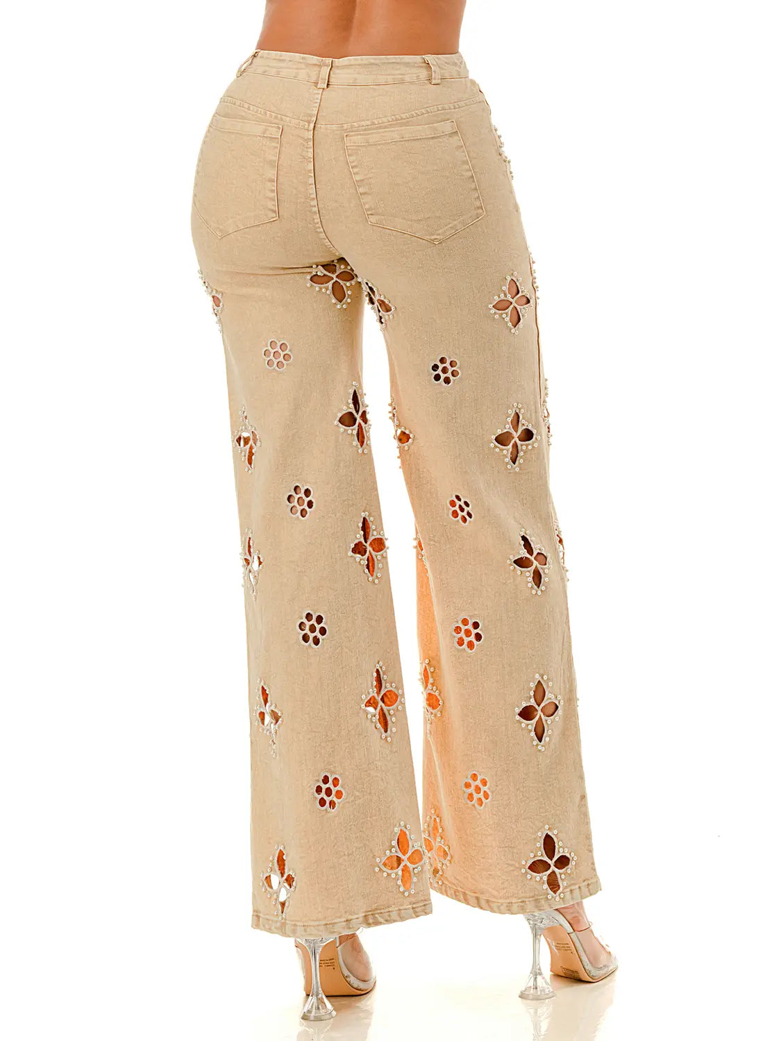 Beige Wide Leg Jeans with Pearl-Embellished Cutout Floral Detailing
