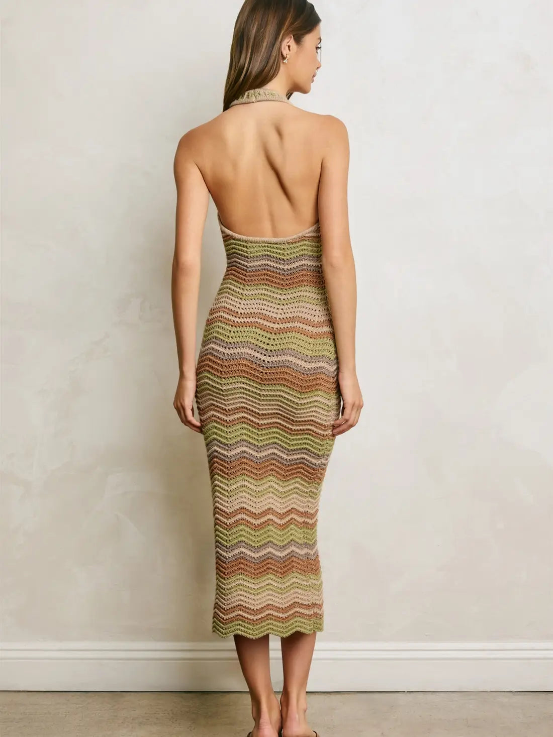 Chevron Knit Halter Midi Dress with Open Back