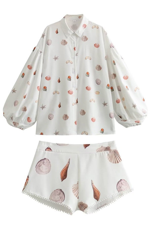 SHELL PRINT COLLAR SHIRT AND SHORTS SETS